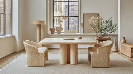 Fototapeta premium A square dining table set in a chic urban apartment with neutral tones.