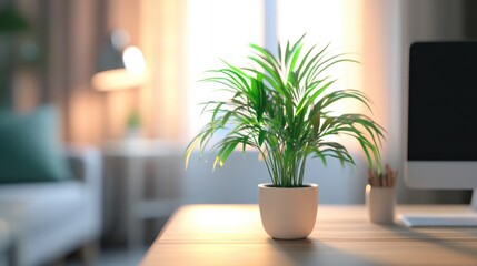 a single potted plant is the only decoration on the otherwise desk emphasizing the minimalist design.