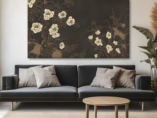 Cozy and Contemporary Living Room with Abstract Floral Wall Art