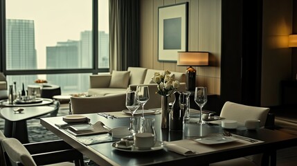 A square dining table set in a chic urban apartment with neutral tones.