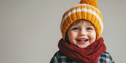 Child smiling cheerfully while wearing a colorful winter hat and scarf at home during a cozy indoor moment in the winter season