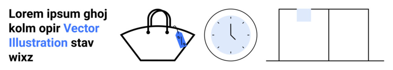 Handbag with blue tag, analog clock with simple design, and vertical window panels. Ideal for fashion, time management, minimalism, shopping, retail, home decor flat landing page banner