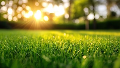 Naklejka premium Closeup Vibrant Green Grass at Sunset with Soft Sunlight and Bokeh Background