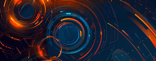 Obraz premium Technologiczne tło futurystyczne z abstrakcyjnymi niebieskimi i pomarańczowymi pierścieniami w stylu cybernetycznym.