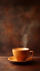 A warm brown ceramic cup of steaming coffee on saucer