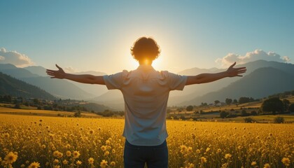 Person Enjoying Field of Yellow Flowers at Sunset with Arms Outstretched