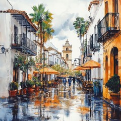 Visitors stroll along a picturesque, wet cobblestone street adorned with vibrant buildings and palm trees on a rainy day. The atmosphere is lively, with outdoor seating under umbrellas