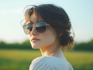 Woman Wearing Sunglasses in Golden Hour