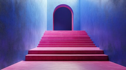 Obraz premium Pink stairs leading to dark archway in vibrant blue room
