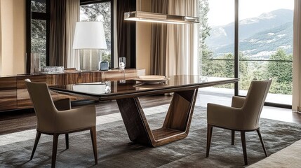 Fototapeta premium A stylish extendable dining table in a contemporary home interior.