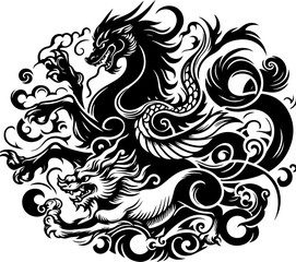 sketch vector illustration silhouette design poster animal mythology mystical ethnic traditional classic vintage chinese and japanese  