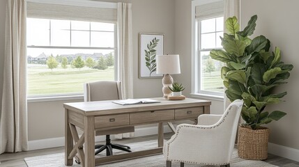 Fototapeta premium A stylish home office with a muted color palette and clean, functional design.