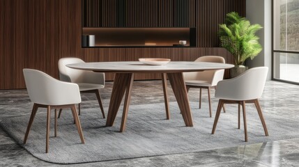 Fototapeta premium A stylish oval dining table in a cozy, well-designed interior.