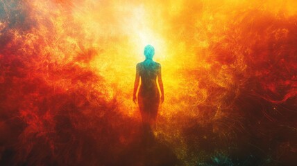 A figure stands in a mesmerizing display of fiery colors, surrounded by swirling light and shadows. The captivating scene evokes feelings of wonder and introspection, inviting contemplation