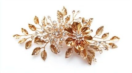 Elegant Gold Floral Hair Brooch with Sparkling Gemstones and Leaves