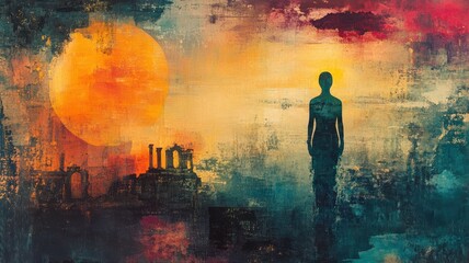 A solitary figure stands against a captivating abstract landscape during sunset. The vivid hues of orange and blue create an enchanting atmosphere in this intriguing scene