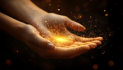 Fototapeta premium Hands Holding Golden Particles