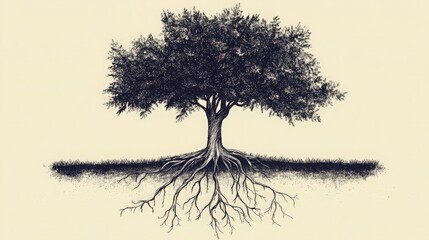 Detailed monochrome drawing showcases an old tree with extensive roots