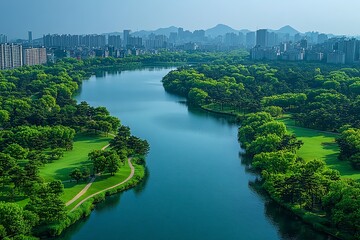 Fototapeta premium Aerial photo of a beautiful park near a city with tall buildings, lush landscaping, well-maintained roads and a large river passing by.