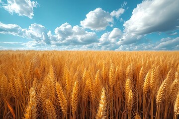 Beautiful farmland scenery with clouds floating in the blue sky, dazzling sunlight, and golden ripening grains of barley and wheat growing on endless plains.