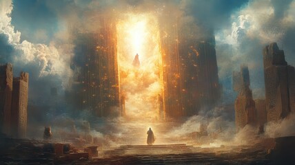 A figure stands before a grand entrance of ancient stone pillars, with a glowing portal above. Fiery clouds swirl around, creating a mystical atmosphere at twilight