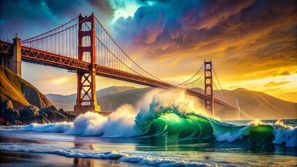 Fototapeta premium Golden Gate Bridge Double Exposure Ocean Waves San Francisco Skyline
