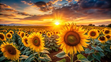 Fototapeta premium Golden Hour Sunflowers: Vibrant Sunset Field Photography