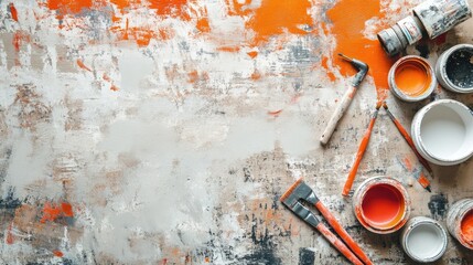 A top-down view of a home repair setup with tools and ceiling repair supplies.