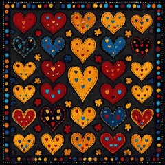 Fototapeta premium Brightly colored heart shapes are arranged in a grid pattern on a dark fabric background. This design features a variety of colors, showcasing creativity and themes of love