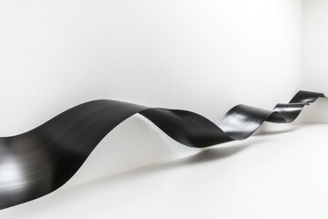 A sleek, black ribbon-like form elegantly curves and flows across a minimalist white wall, creating a dynamic visual.