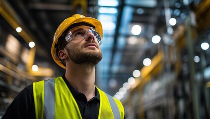 Focused Male Worker in Safety Gear Contemplating Industrial Machinery