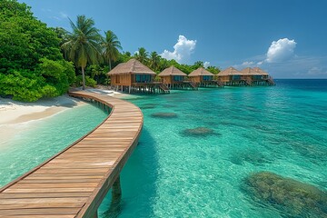 Obraz premium Beautiful resort landscape with wooden deck bridge leading to tropical resort on island coast with palm trees and green plants growing on emerald tropical sea in summer.