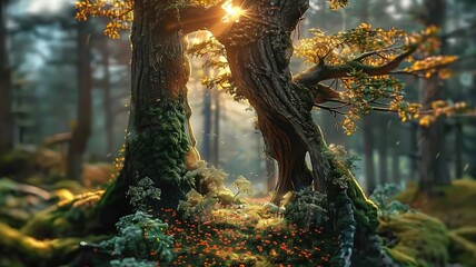 Sunlight streams through two ancient trees in a vibrant forest, illuminating greenery and moss-covered ground at dusk. Tiny flowers blossom among the foliage, creating a tranquil atmosphere