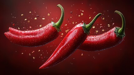 Red Chili Peppers in Mid-Air, Spice Explosion
