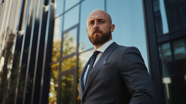 Man in suit poses in urban environment. Bald male with beard wears formal attire. City backdrop with buildings and street setting