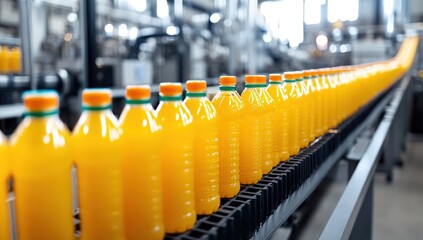 Fototapeta premium Orange Juice Bottles on a Conveyor Belt in a Modern Factory