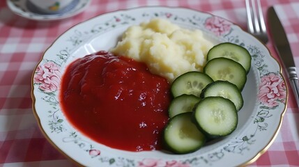 Delicious Mashed Potatoes with Tomato Sauce and Cucumber Slices