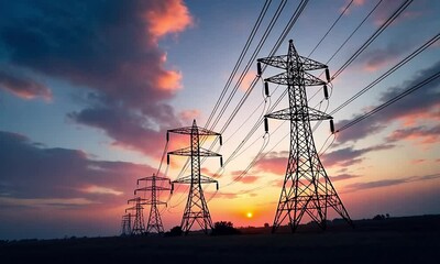 3D Render of Power Transmission Lines with Digital Electricity Visualization - Powered by Adobe