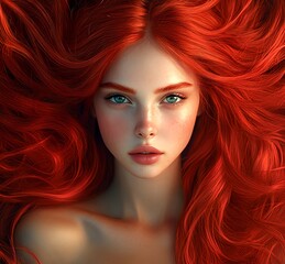 Artistic close-up photo of a strong, charismatic front-facing face of a beautiful haired model with passionate red, curly, permed hair all over the place.