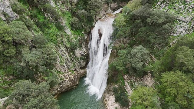 Aerial view of Polylimnio Waterfall in Messinia, Greece after heavy rainfall