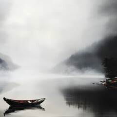 Fototapeta premium In the early morning, a thick mist descends over a calm lake, creating a serene atmosphere. A lone boat floats gently, adding to the peaceful scene surrounded by nature and mountains