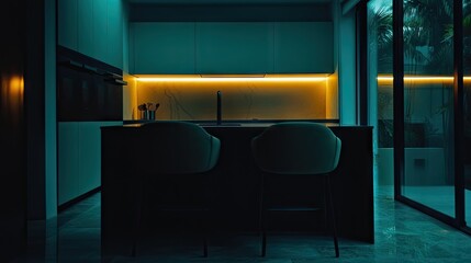 A well-lit kitchen with a stylish under-cabinet light strip illuminating the workspace.