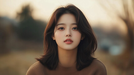 Obraz premium young Asian woman with long, dark hair, wearing cozy sweater, gazes thoughtfully into distance during sunset.