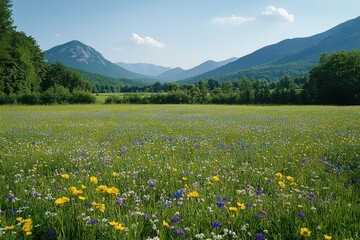 Fototapeta premium Vibrant wildflowers bloom in a lush meadow, set against a backdrop of majestic mountains under a clear blue sky.
