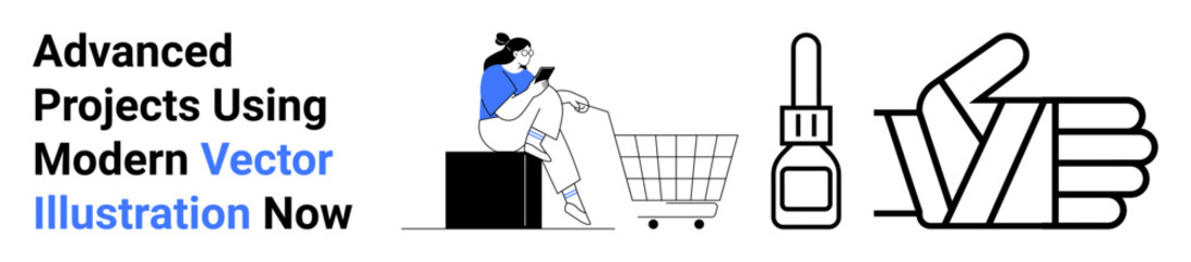 Woman browsing on smartphone near a shopping cart, minimalist nail polish bottle, and thumbs-up symbol. Ideal for e-commerce, online shopping, beauty, self-care, customer reviews, trust flat landing