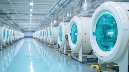 Fototapeta premium Modern cleanroom facility featuring advanced sterilization equipment and high-tech industrial design, ideal for pharmaceutical manufacturing