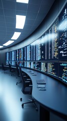High-tech command center with multiple monitors displaying data analytics and programming code in a modern workspace environment