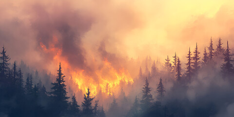 Forest Wildfire with Thick Smoke Rising into the Sky