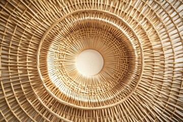 Intricate concentric woven circles of light beige rattan, creating a captivating radial pattern.