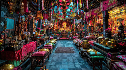 Fototapeta premium Vibrant interior of a traditional temple adorned with colorful decorations and offerings